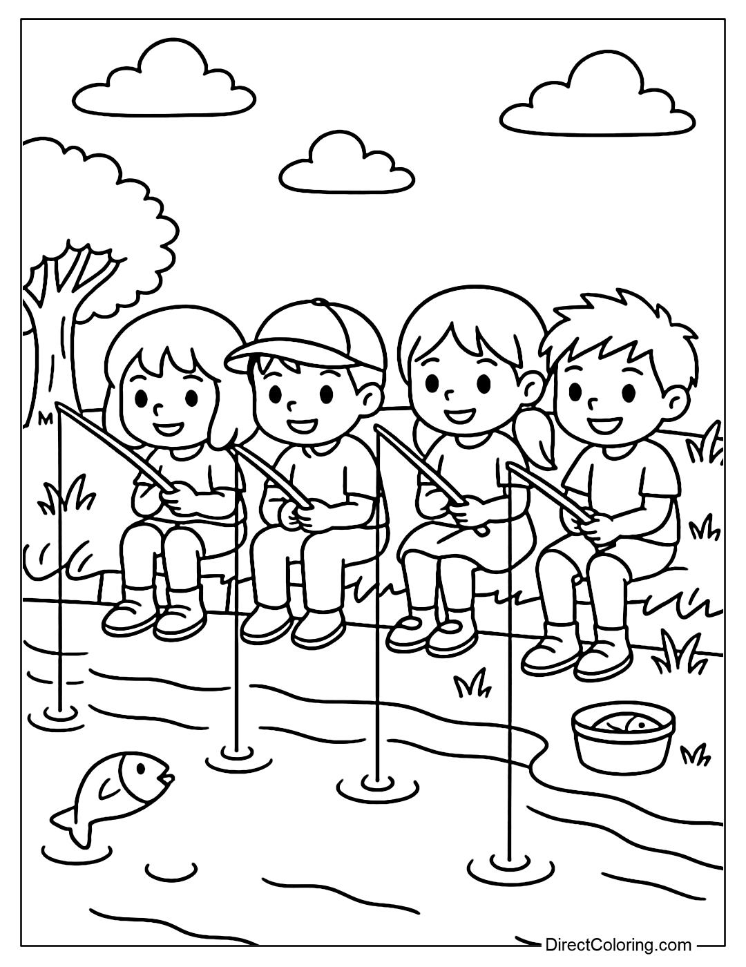 Coloring Page of a group of friends fishing together, each holding their own rod.